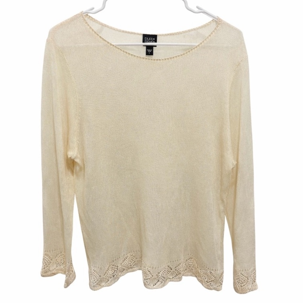 Eileen Fisher Ivory Sheer Knit Top with Lace Hem Size L
